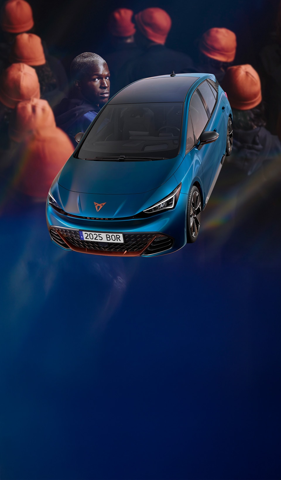 A blue CUPRA car in a surreal scene, superimposed in front of a group of people all facing away except for one man looking back at the viewer.  A blue CUPRA car in a surreal scene, superimposed in front of a group of people all facing away except for one man looking back at the viewer.